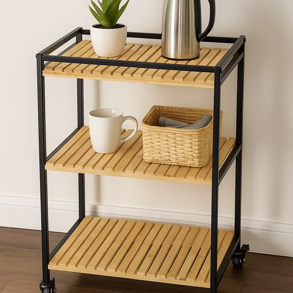 Bamboo Trolley with 3-Tier Design and Natural Finish