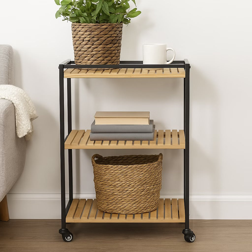 Bamboo Trolley with 3-Tier Design and Natural Finish