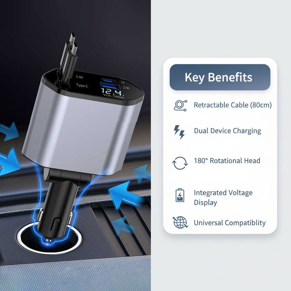 Car Charger with Retractable Cable and Dual Ports