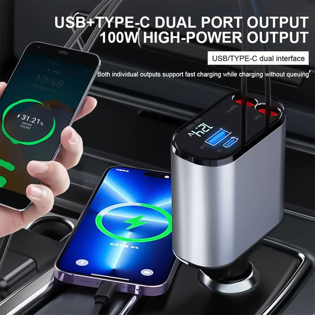 Car Charger with Retractable Cable and Dual Ports