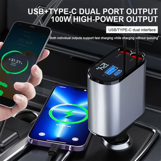Car Charger with Retractable Cable and Dual Ports