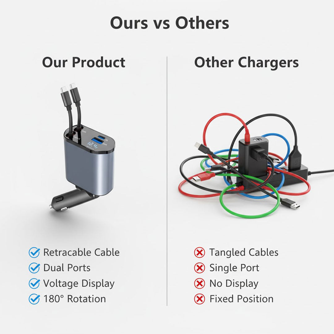 Car Charger with Retractable Cable and Dual Ports