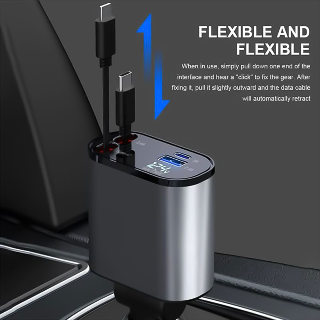 Car Charger with Retractable Cable and Dual Ports