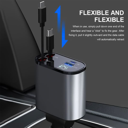 Car Charger with Retractable Cable and Dual Ports
