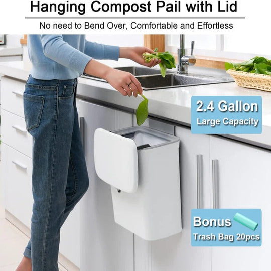 Compost Bin with Over-Door Hook and Adhesive Mounting