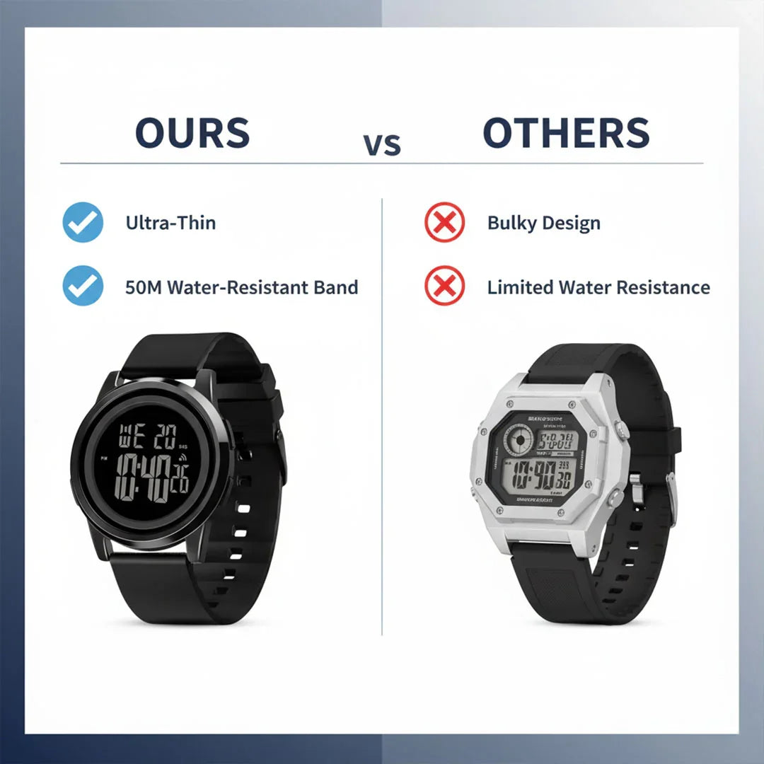 Digital Watch with Water Resistance and Slim Design