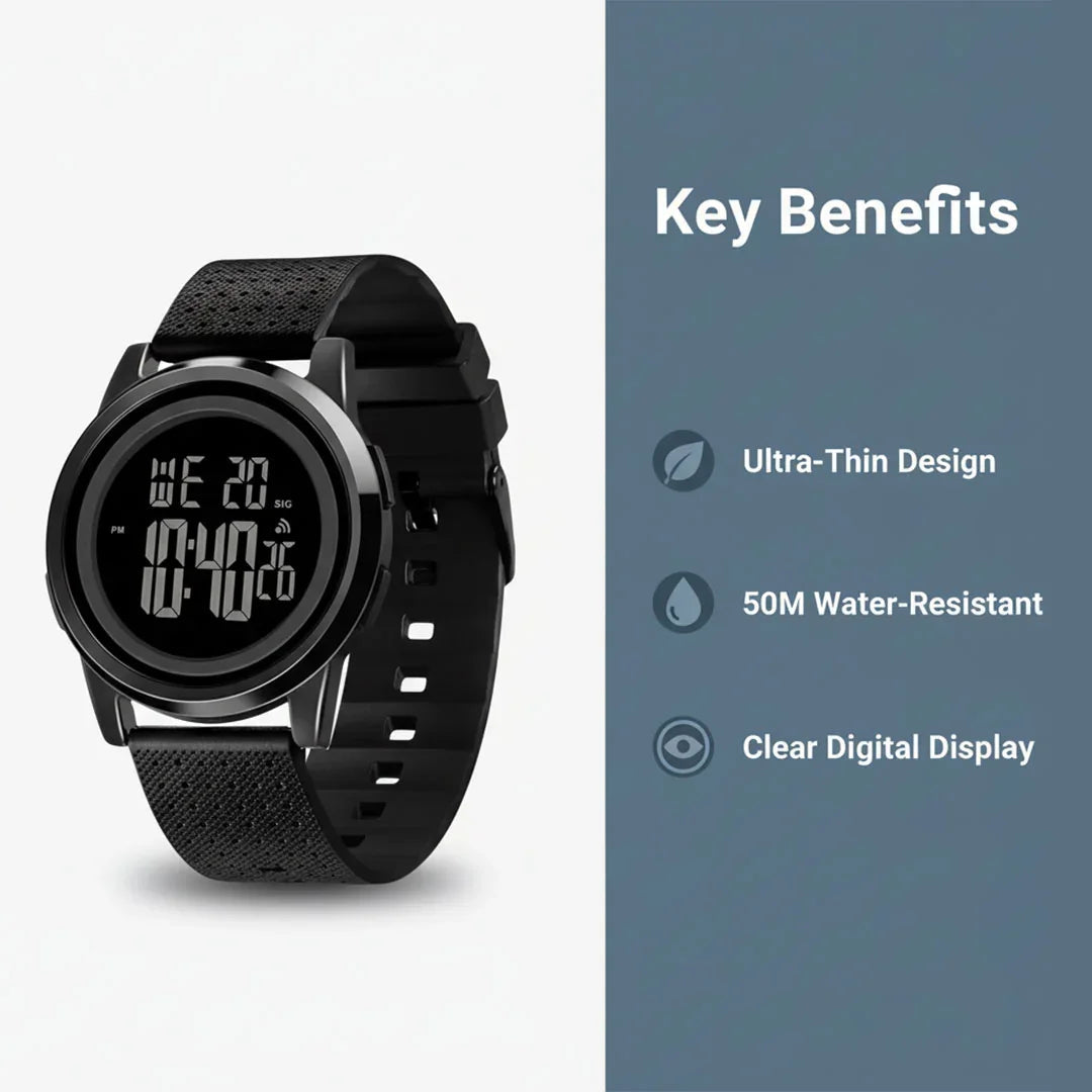 Digital Watch with Water Resistance and Slim Design