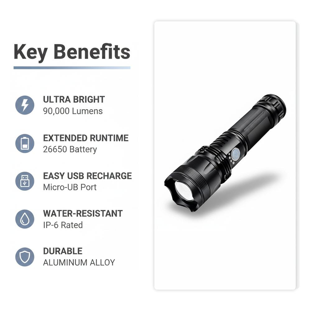 Flashlight with Rechargeable Battery and Zoom Function