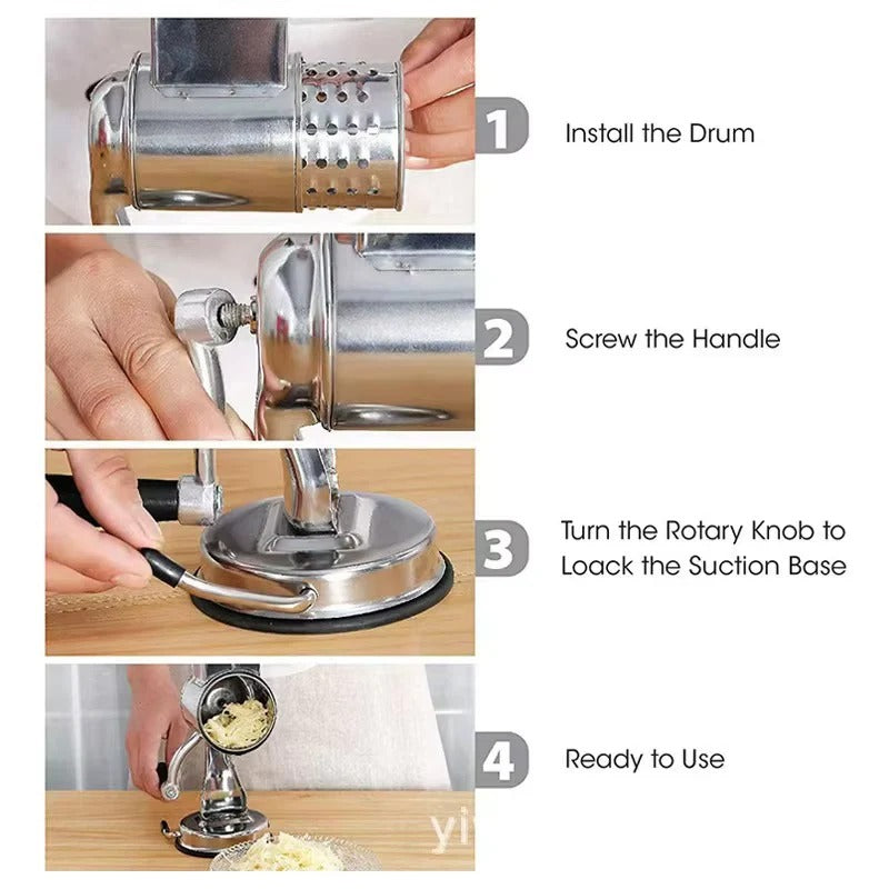 Food Grater with Interchangeable Blades and Stainless Steel Design