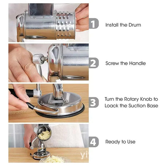 Food Grater with Interchangeable Blades and Stainless Steel Design