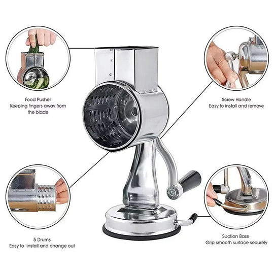 Food Grater with Interchangeable Blades and Stainless Steel Design