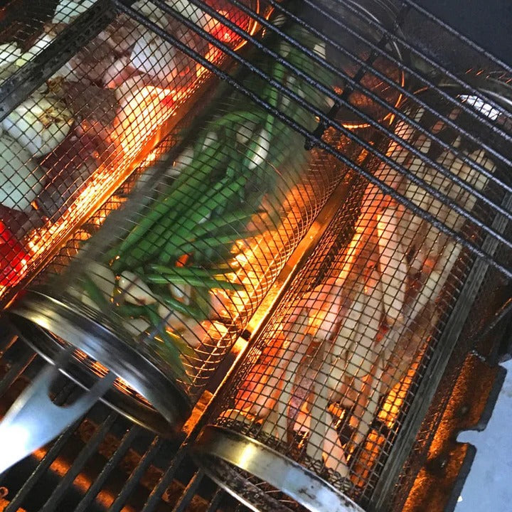 Grill Basket with Rotating Design and Locking Latch