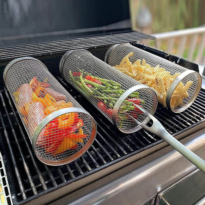 Grill Basket with Rotating Design and Locking Latch