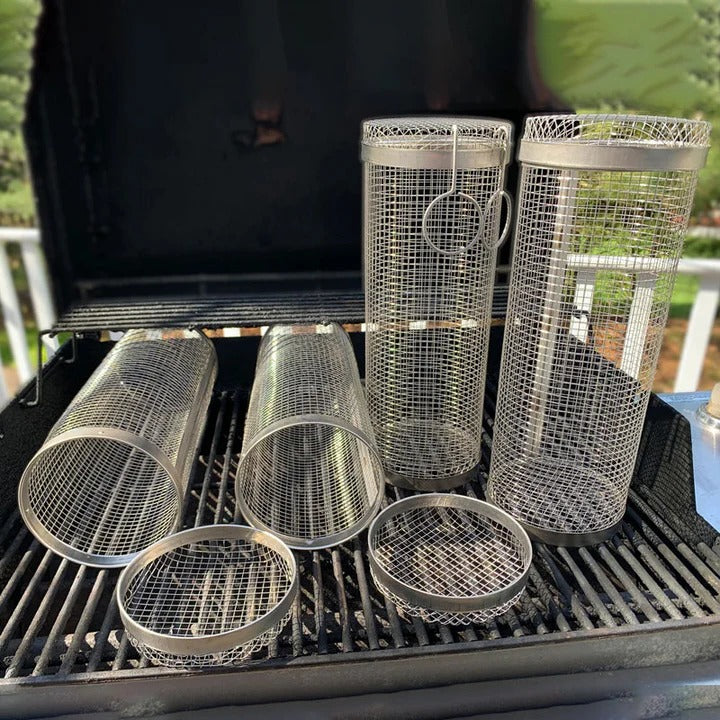 Grill Basket with Rotating Design and Locking Latch