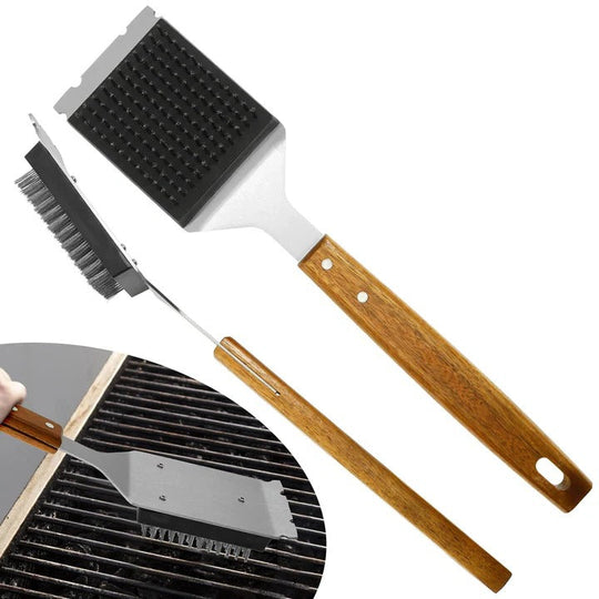 Grill Brush with Wooden Handle and Metal Scraper