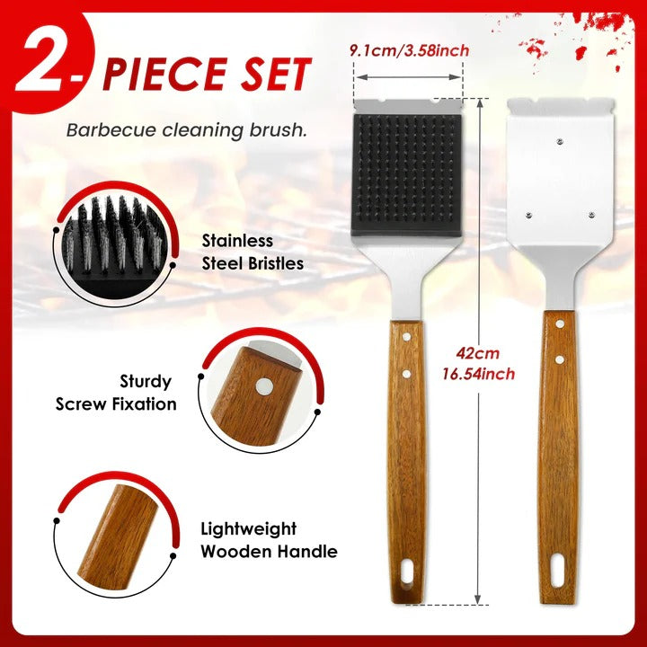 Grill Brush with Wooden Handle and Metal Scraper