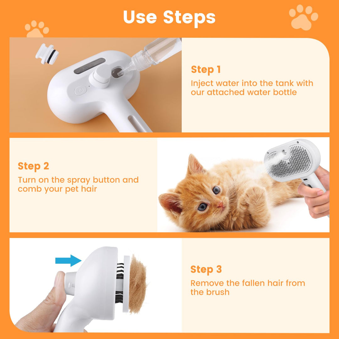 Grooming Brush with Steam Spray and Self-Cleaning