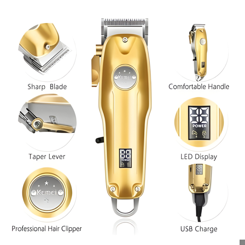 Hair Clipper Set with Adjustable Blades and Gold Finish