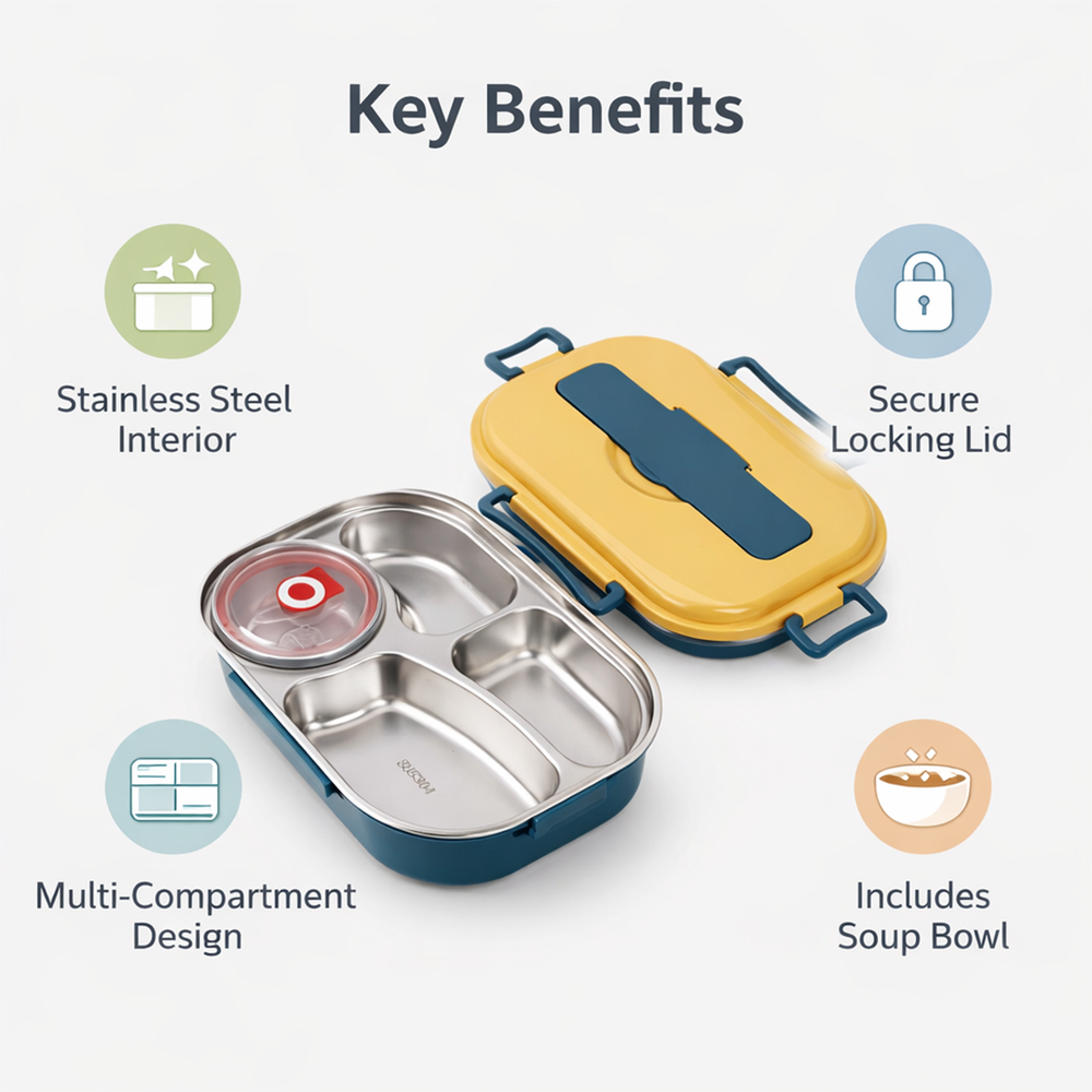 Lunch Box with Stainless Steel and Multi Compartments
