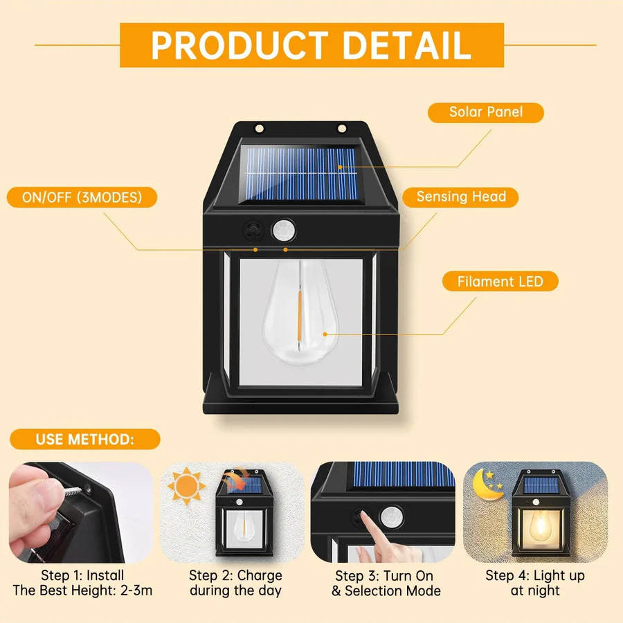 Outdoor Solar Wall Lights with Motion Sensor and Waterproof Design