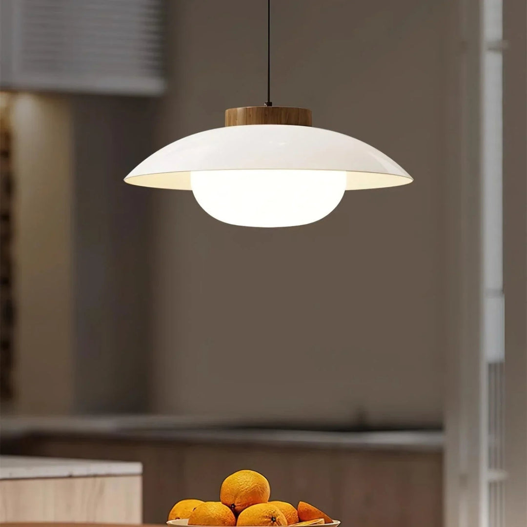 Pendant Light with Metal Shade and Wooden Accent
