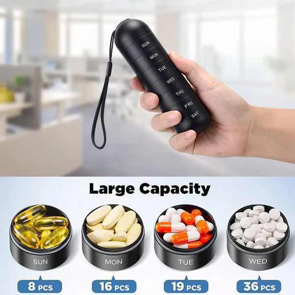 Pill Organizer with 7-Day Compartments and Travel Case