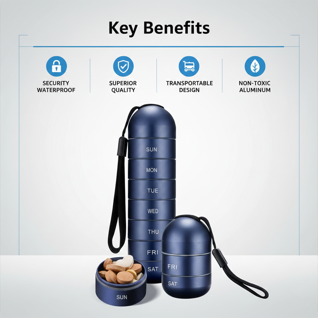 Pill Organizer with Portable Aluminum Design and Seven-Day Capacity