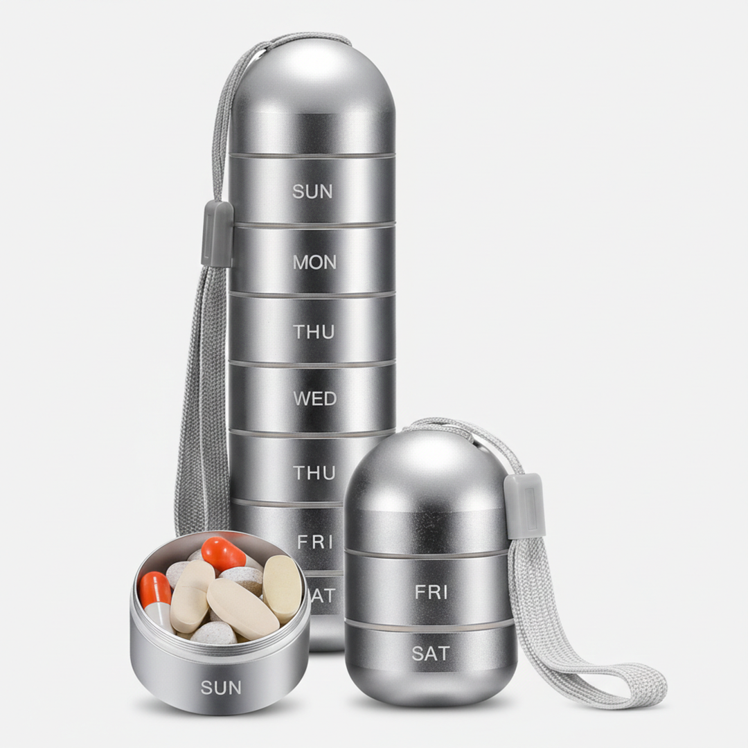 Pill Organizer with Portable Aluminum Design and Seven-Day Capacity