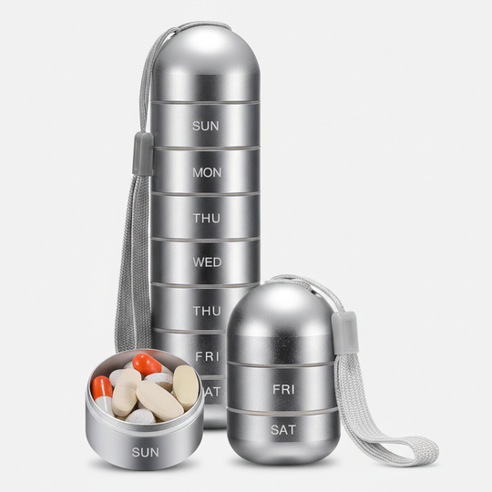 Pill Organizer with Portable Aluminum Design and Seven-Day Capacity