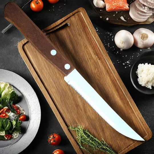 Steak Knife Set with Serrated Blades and Wooden Handles