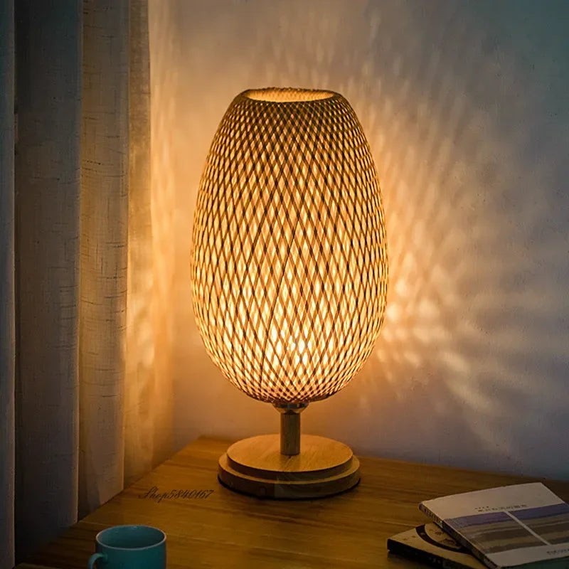 Table Lamp with Bamboo Shade and Wooden Base