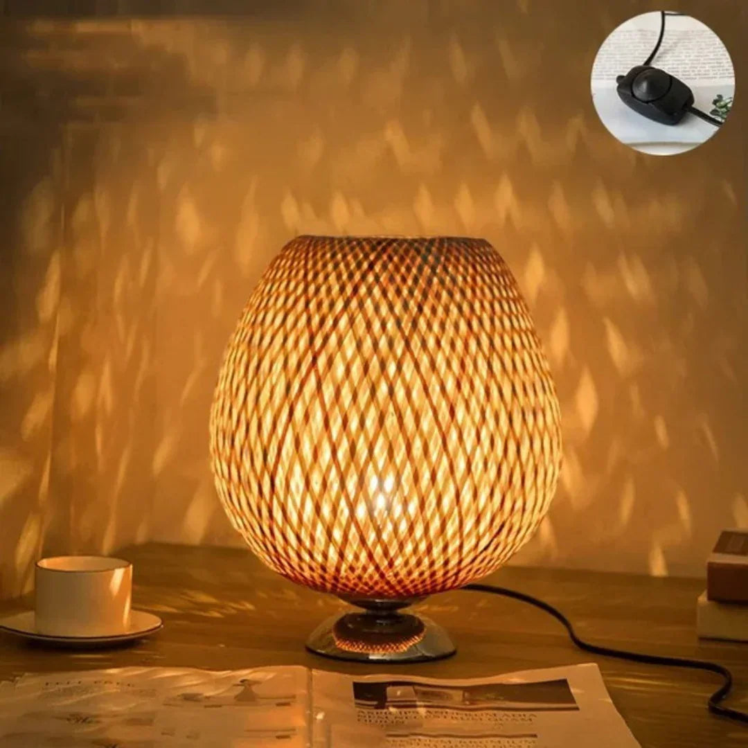 Table Lamp with Bamboo Shade and Wooden Base