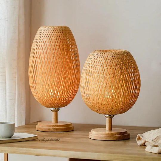 Table Lamp with Bamboo Shade and Wooden Base