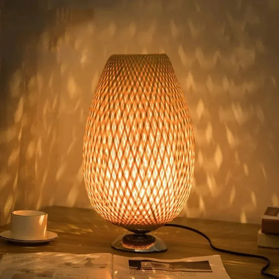 Table Lamp with Bamboo Shade and Wooden Base