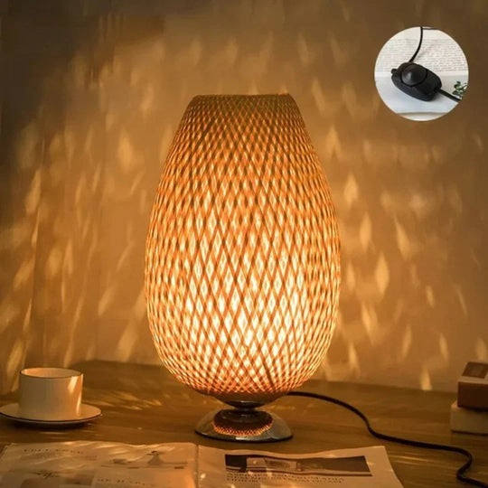 Table Lamp with Bamboo Shade and Wooden Base