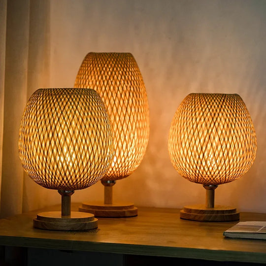 Table Lamp with Bamboo Shade and Wooden Base