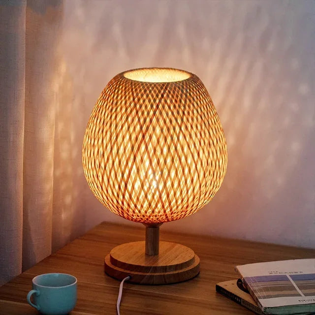 Table Lamp with Bamboo Shade and Wooden Base