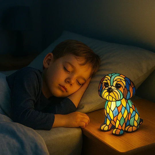 Table Lamp with Stained Glass and Dog Design