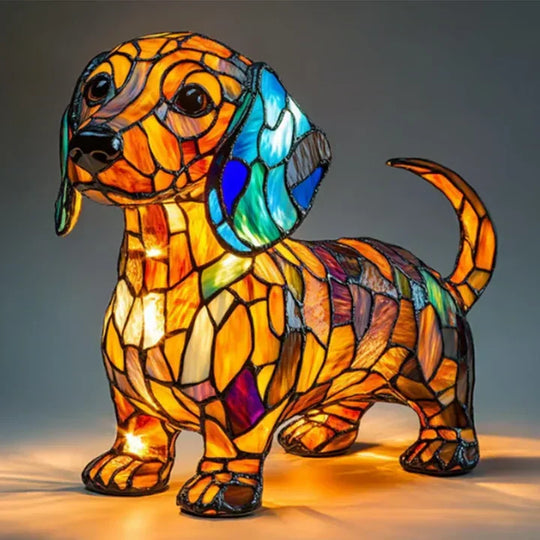 Table Lamp with Stained Glass and Dog Design