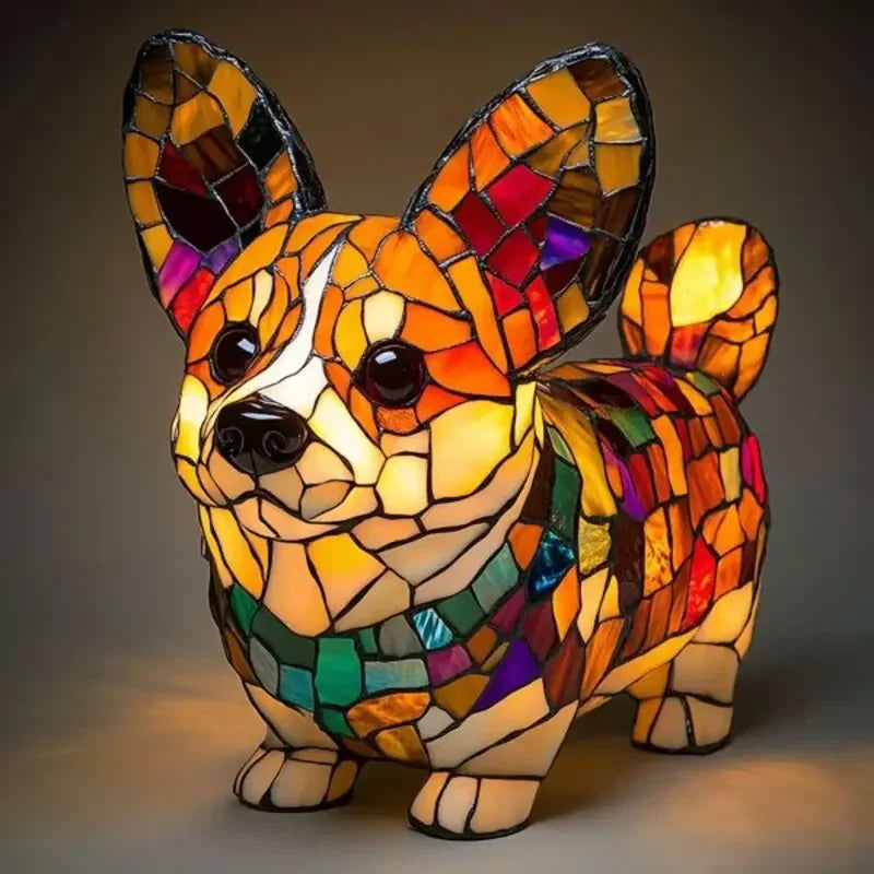 Table Lamp with Stained Glass and Dog Design
