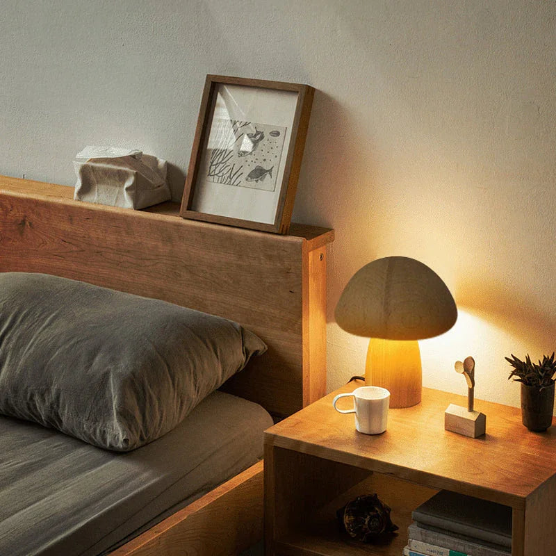 Table Lamp with Wooden Design and Mushroom Shape