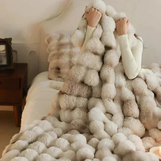 Throw Blanket with Faux Fur and Textured Fabric
