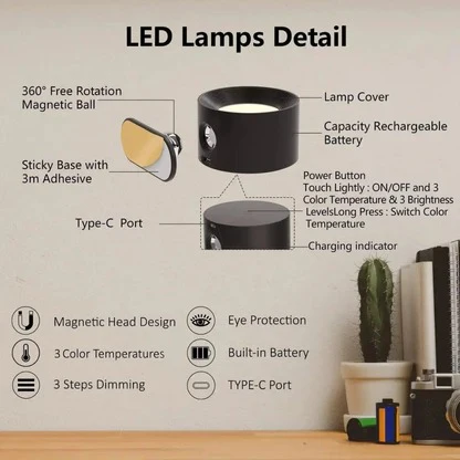 Wall Light with Rechargeable Battery and 360° Rotation