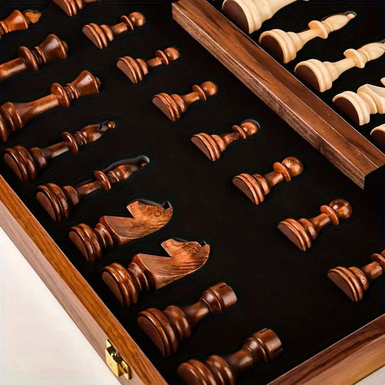 Wooden Chess Set with Portable Design and Storage
